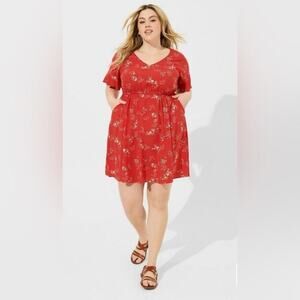 Torrid Mini Challis‎ V-Neck Elastic Waist Dress Red Paisley 2X Lightweight